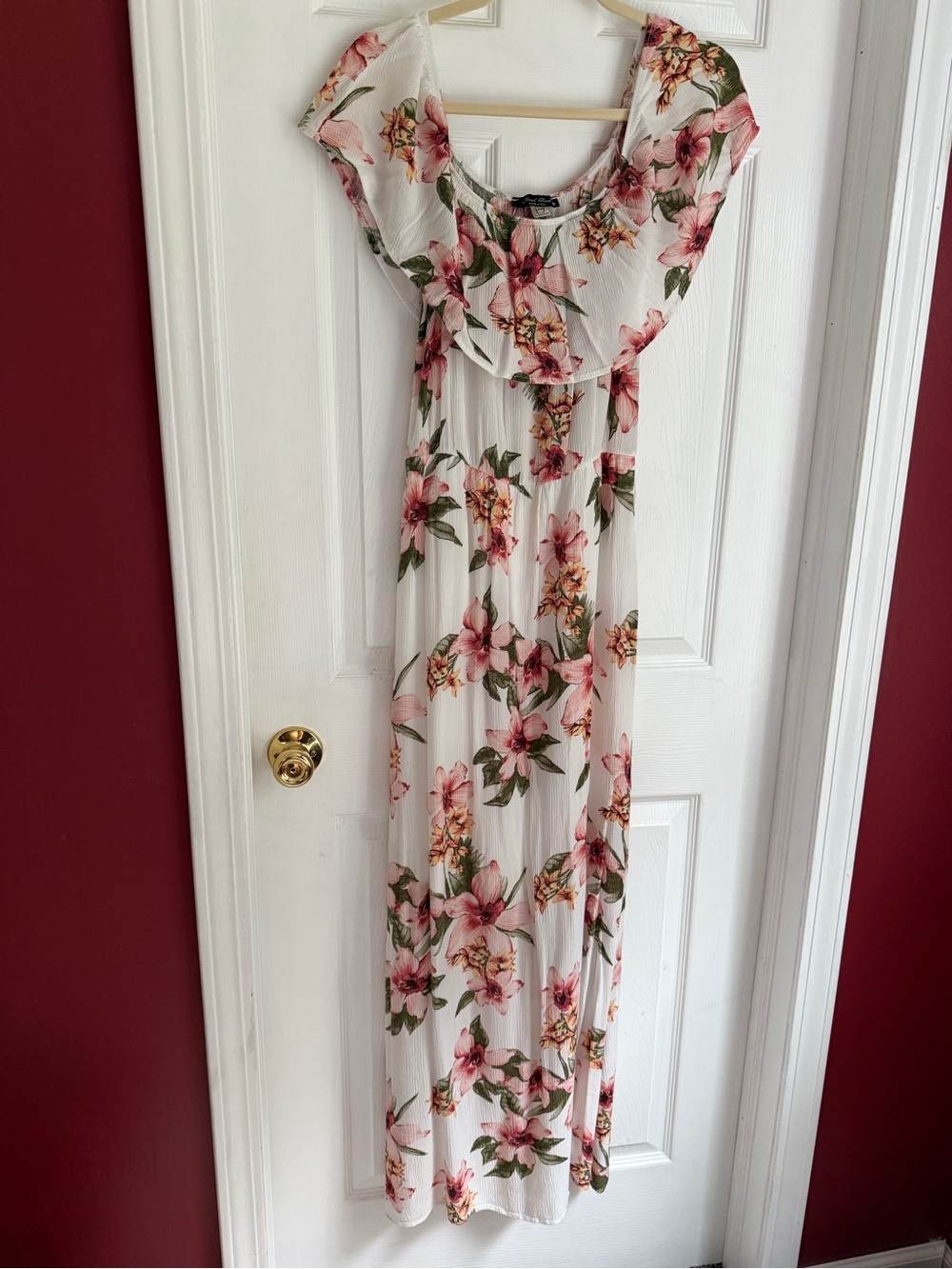 Floral Final Touch Ruffle Maxi Dress in White and Pink Off Shoulder